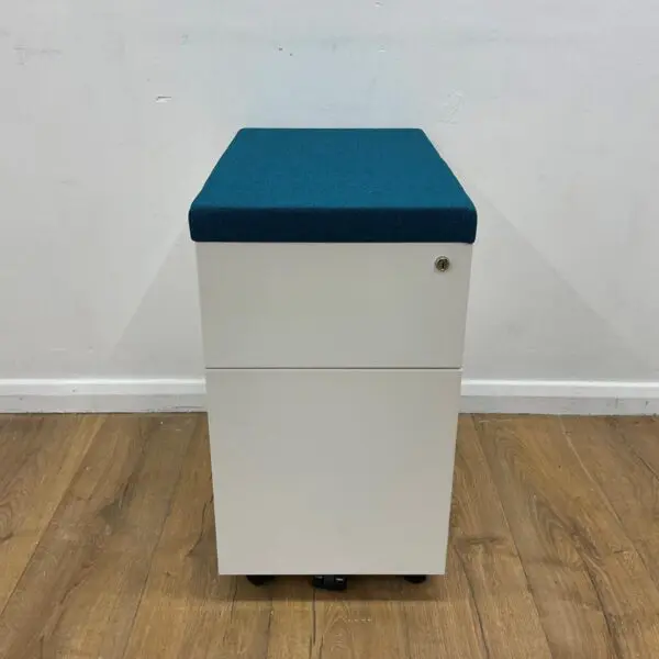 White 2 drawer office pedestal with blue cushion
