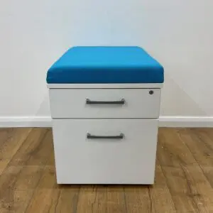white 2 drawer mobile pedestal with blue cushion