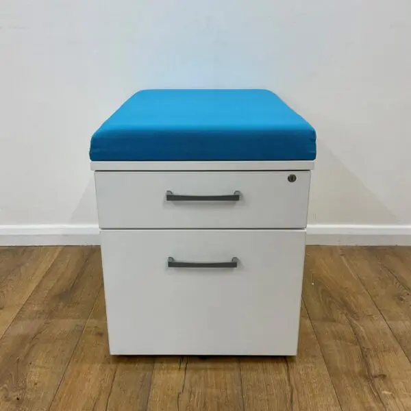 white 2 drawer mobile pedestal with blue cushion
