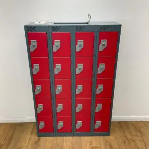 red and grey 20 door charging locker unit