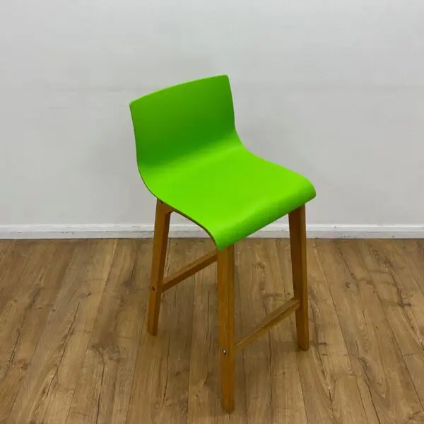 green barstool with wooden frame