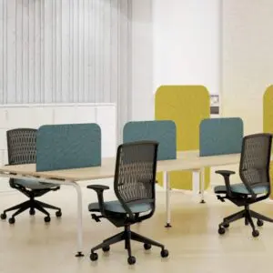 PET blue acoustic desktop screens on desk with operator chairs