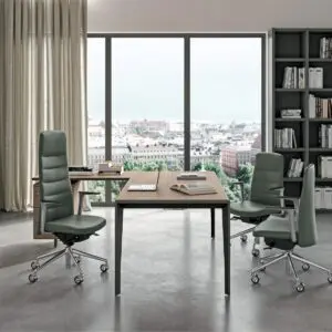 oak radial desk in office with chairs