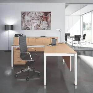 oak radial desk with white trim finish