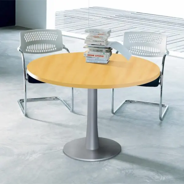 oak circular meeting table with silver trumpet base