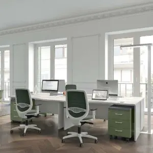Bank of white straight desks with panel end
