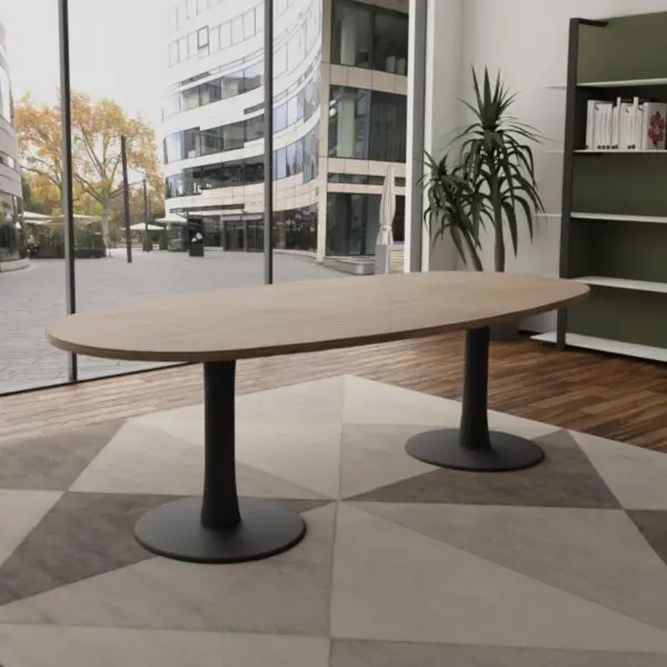 oak boardroom table with grey trumpet base
