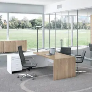 elm radial desk with integrated pedestal unit