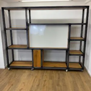 2090mm media wall with oak shelves and black frame