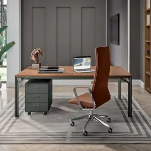 walnut finished straight desk with goal post leg