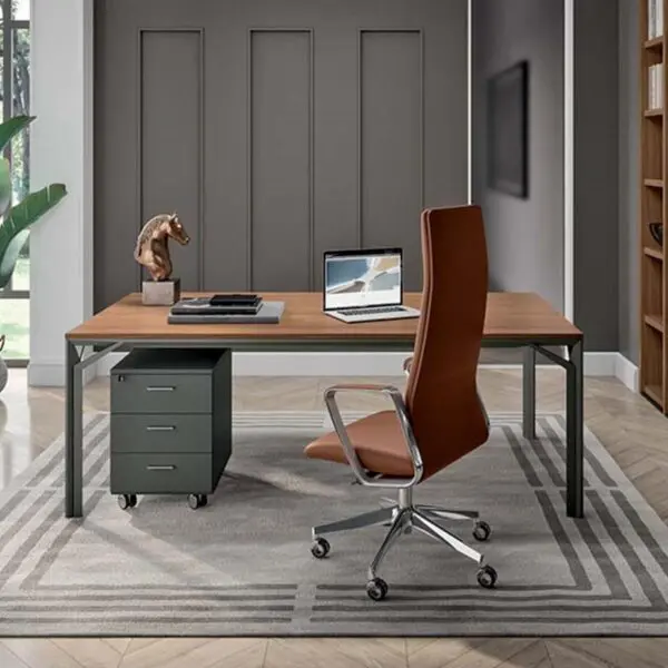 walnut finished straight desk with goal post leg