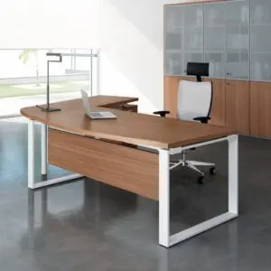 walnut bow front radial desk and integrated 3 drawer pedestal with white hoop leg