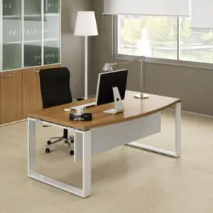 walnut finishd bow front single executive desk with white hoop leg