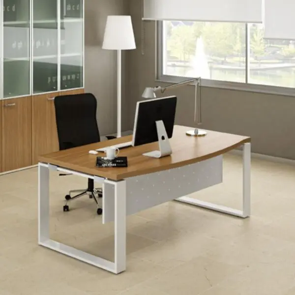 walnut finishd bow front single executive desk with white hoop leg
