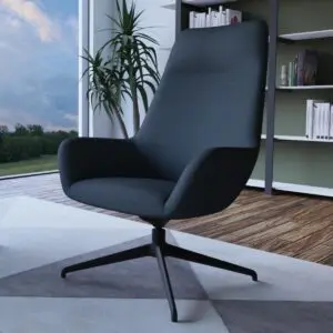 blue reception chair with high back and black swivel base