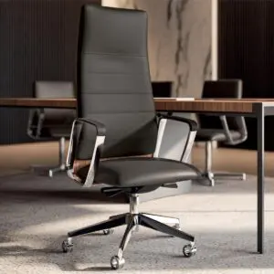 high back executive operator chair on polished aluminium 5 star base and fixed arms