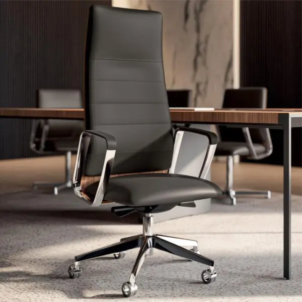 high back executive operator chair on polished aluminium 5 star base and fixed arms