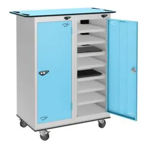 grey and blue laptop charging locker trolly