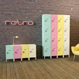 retro style pastel lockers on stands
