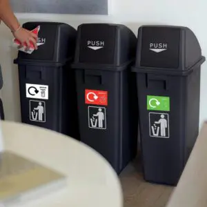 set of three 60 litre recycling and general waste bins