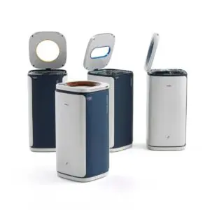 set of 4 waste bins in grey and blue finish