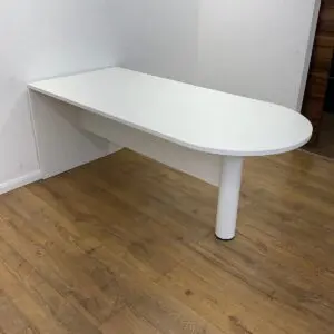 white 1800mm D end meeting table with panel end and tubular base