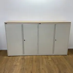 Cream Silverline 1120mm Double Cupboard With Oak 1 Piece Top<br> U-C-11-WH-20