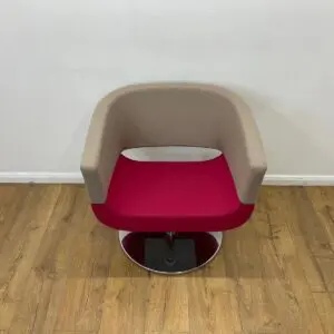 allermuir lola reception chair with red seat and beige seat back with chrome swivel base