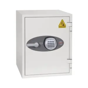 white high security safe with charging ports inside and electronic lock