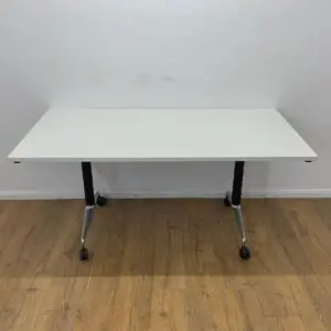 white 1600mm fliptop folding table with black and chrome frame on castors