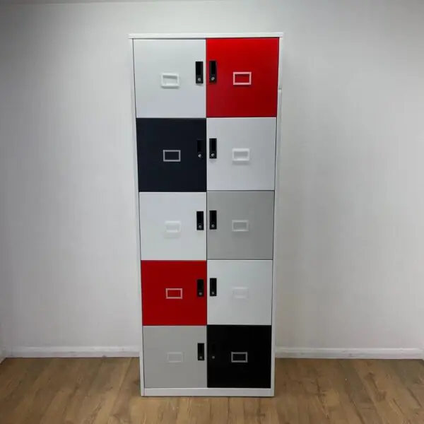 multi coloured 10 door locker unit with red white black and grey lockable doors