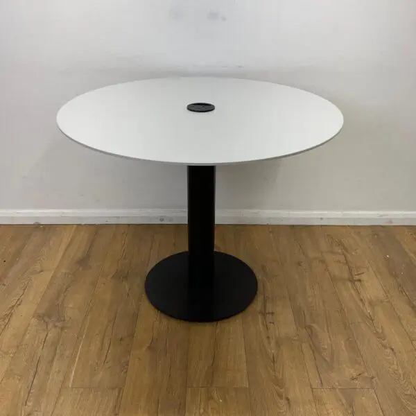 light grey 900mm round table with black trumpet base