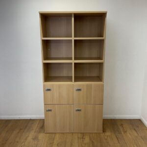 Oak 4 door locker unit with 6 open compartments, 2 lockable cupboards and 2 lockable drawers