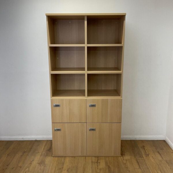 Oak 4 door locker unit with 6 open compartments, 2 lockable cupboards and 2 lockable drawers