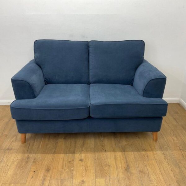 blue wo seater reception sofa with wooden 4 leg base